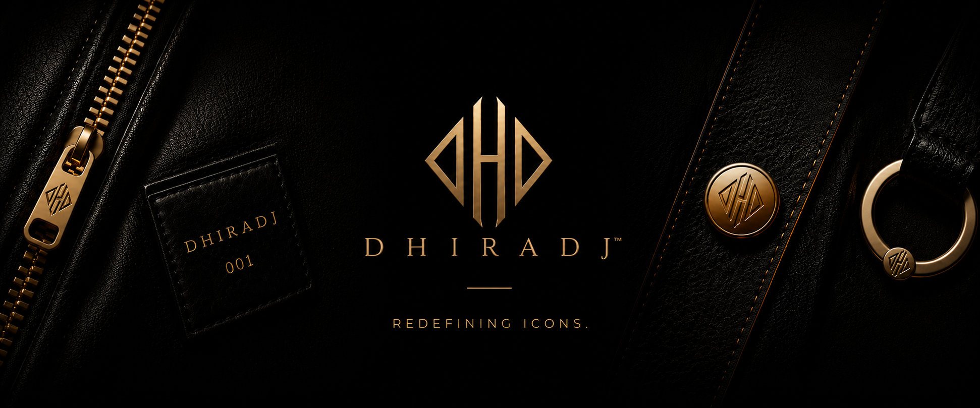 DHIRADJ — gold monogram, signature zip and black leather craftsmanship